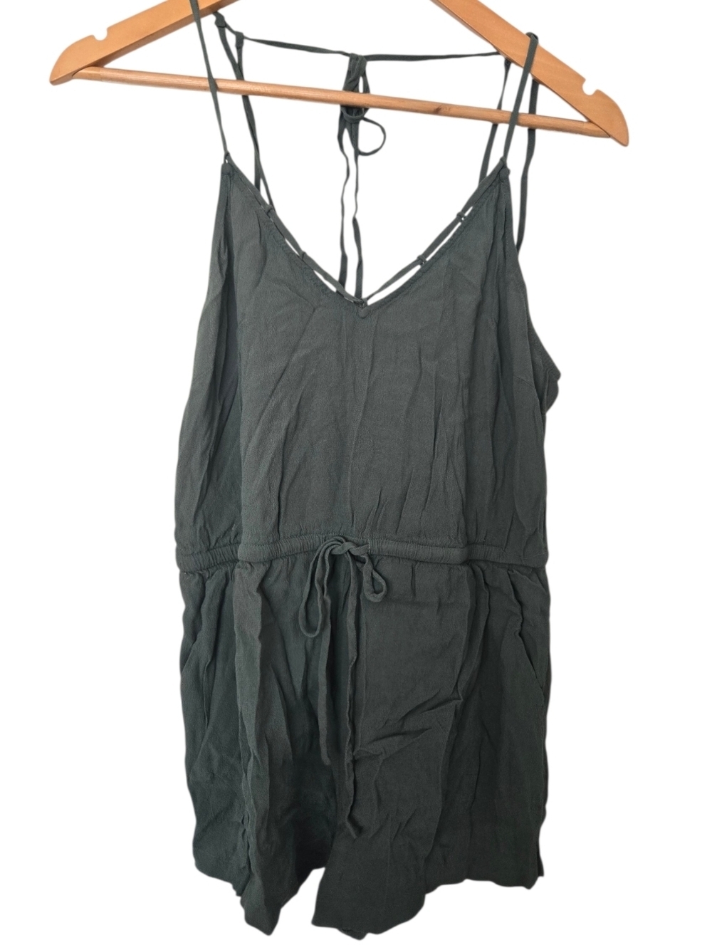 Y2K Style Sage Green Strappy Back Romper Boho Festival Flowy Shorts S